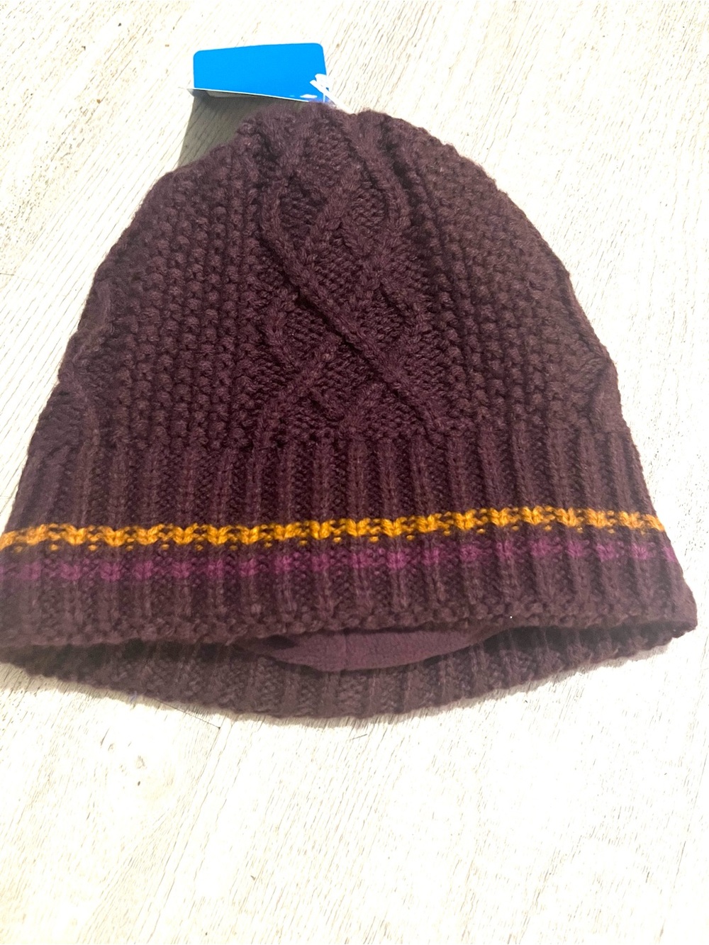 ColumbiaCable Knit Brown Beanie with Color Stripe